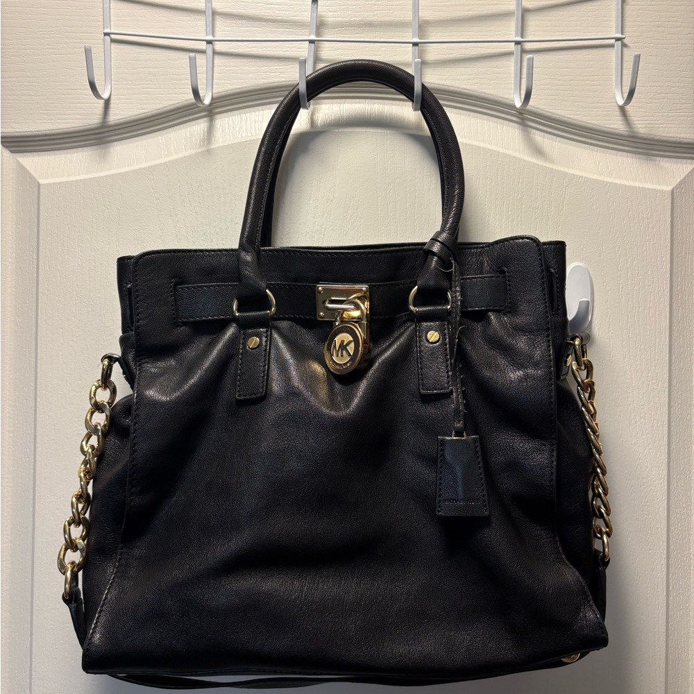 Michael Kors Black Leather Tote with Gold Chain Detail